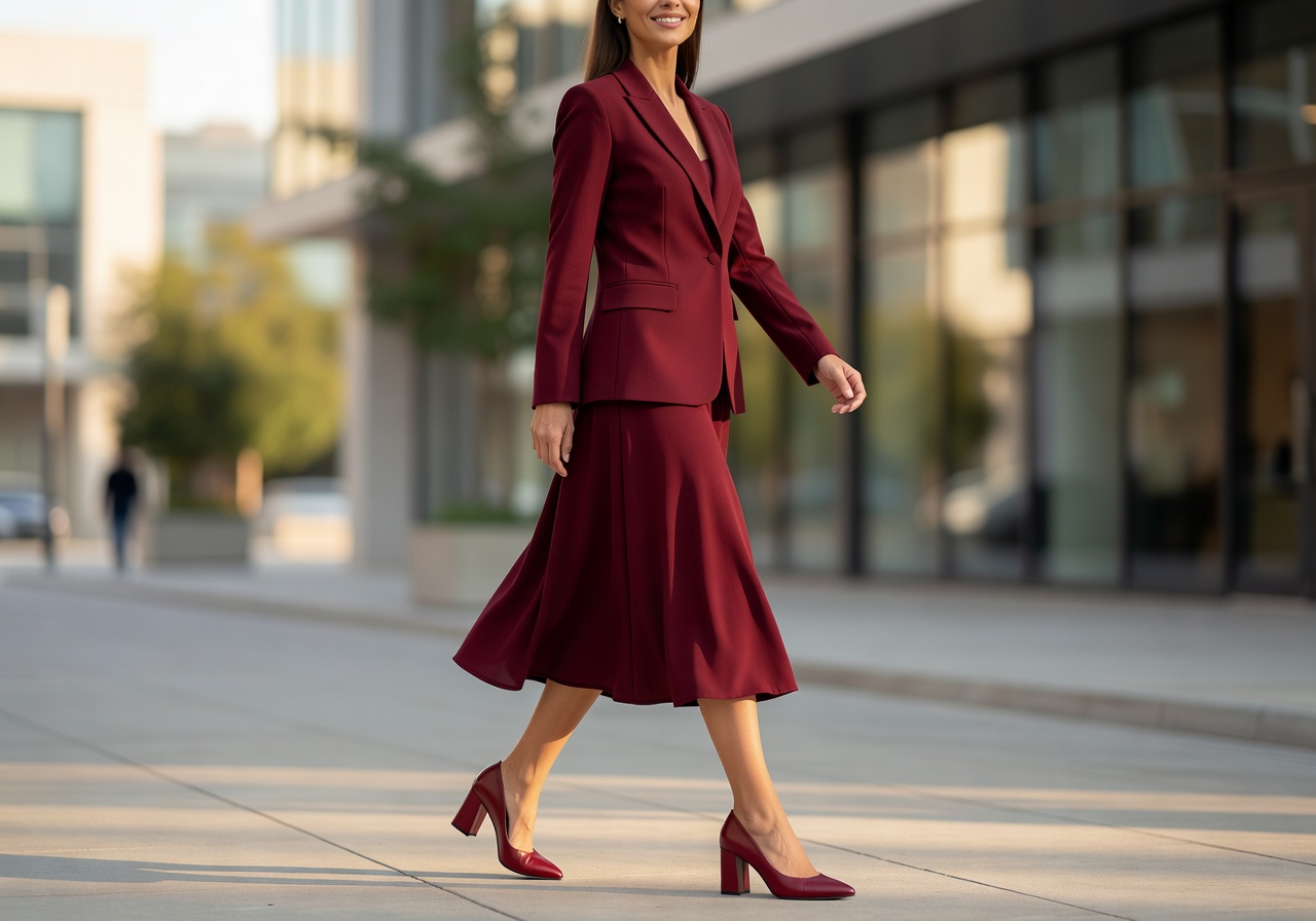 Burgundy block heel styled with skirt and blazer