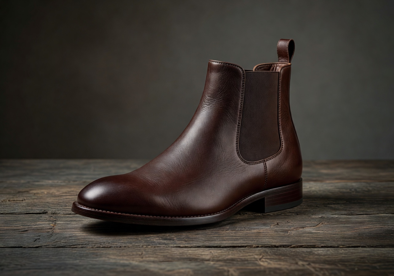 Dark brown leather Chelsea boot with elastic side panel