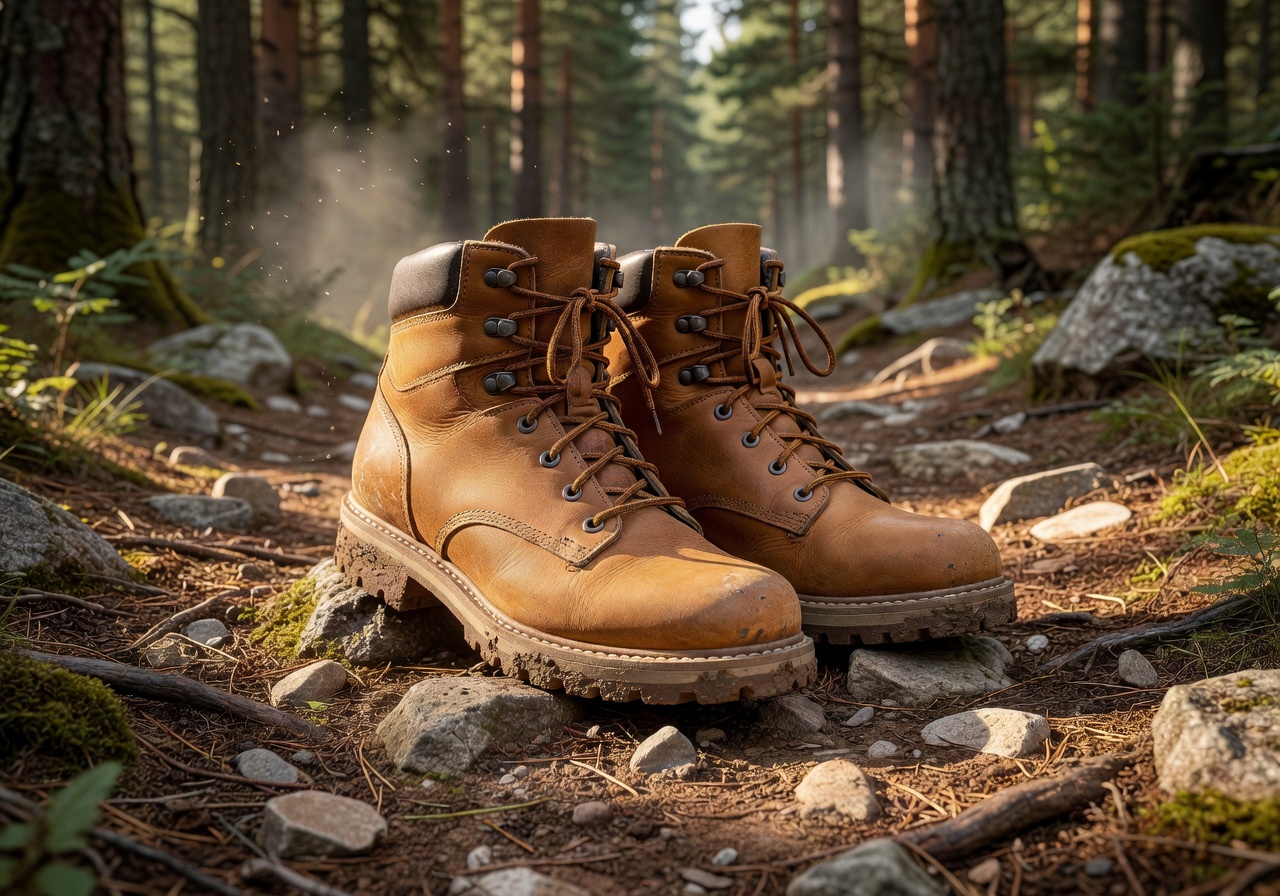 Tan lace-up boots styled for outdoor adventure