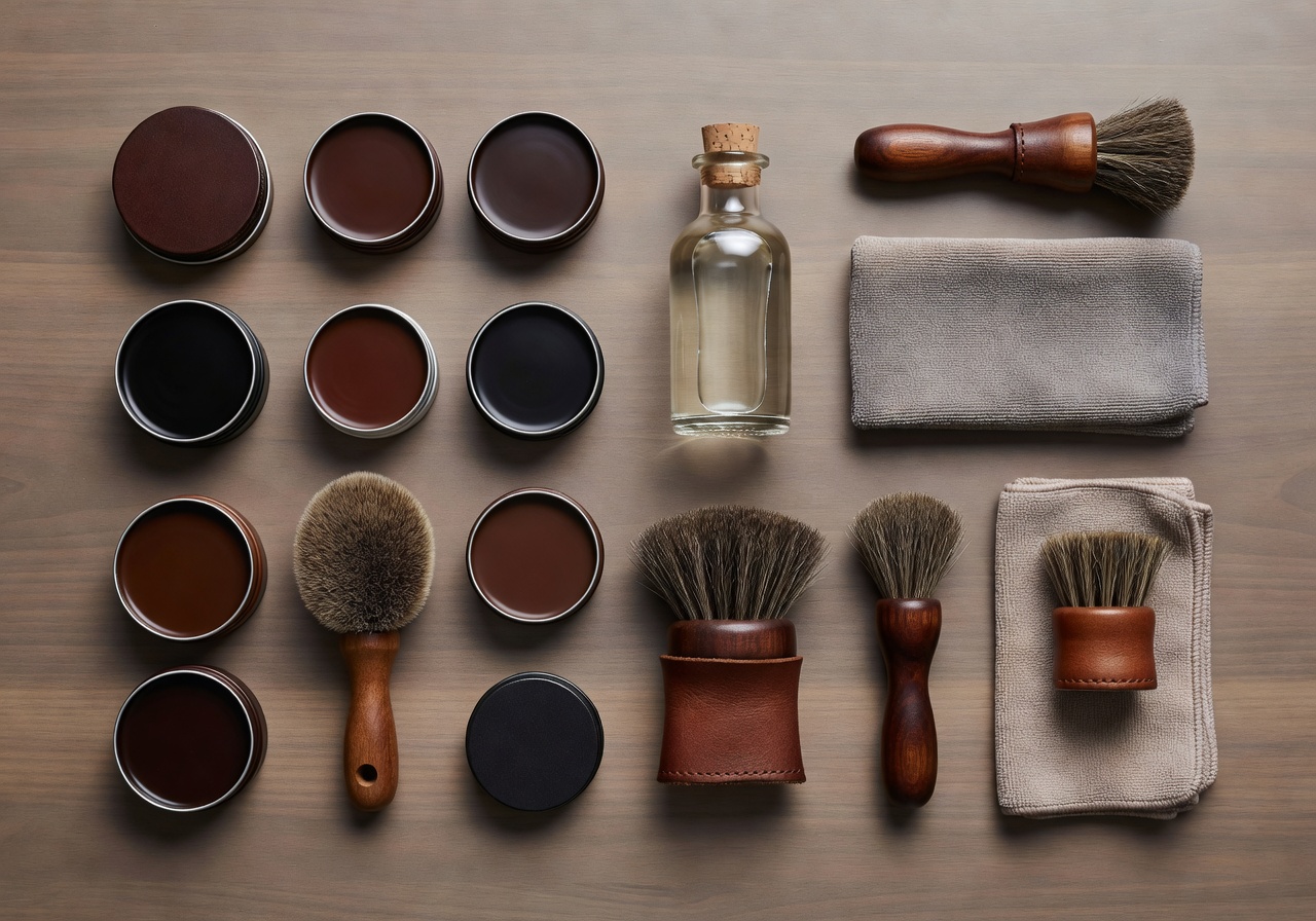 Leather shoe care products and brushes flatlay
