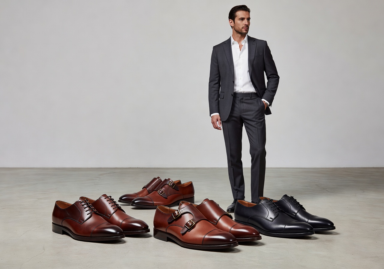 Men's fashion lookbook featuring Latvian leather shoes