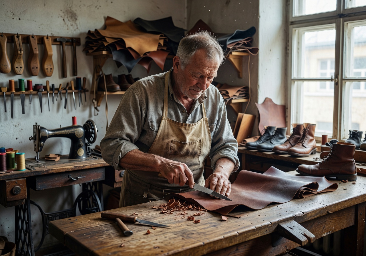 Latvian shoemaker cutting leather in Riga workshop