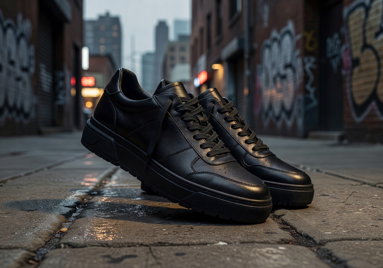 Urban streetwear style featuring leather sneakers
