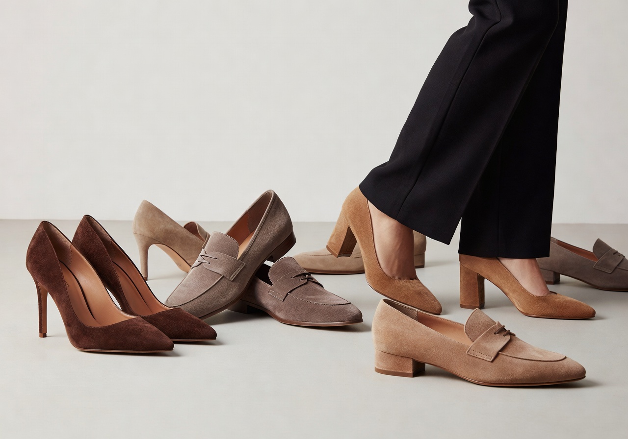 Women's fashion lookbook with suede heels and loafers